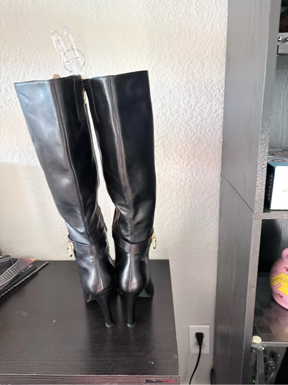 Michael Kors Black Leather Over-the-Knee Boots with Gold Charm